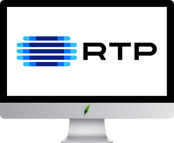 Afbeelding computerscherm met logo RTP Rádio e Televisão de Portugal - in kleur op transparante achtergrond - 600 * 496 pixels